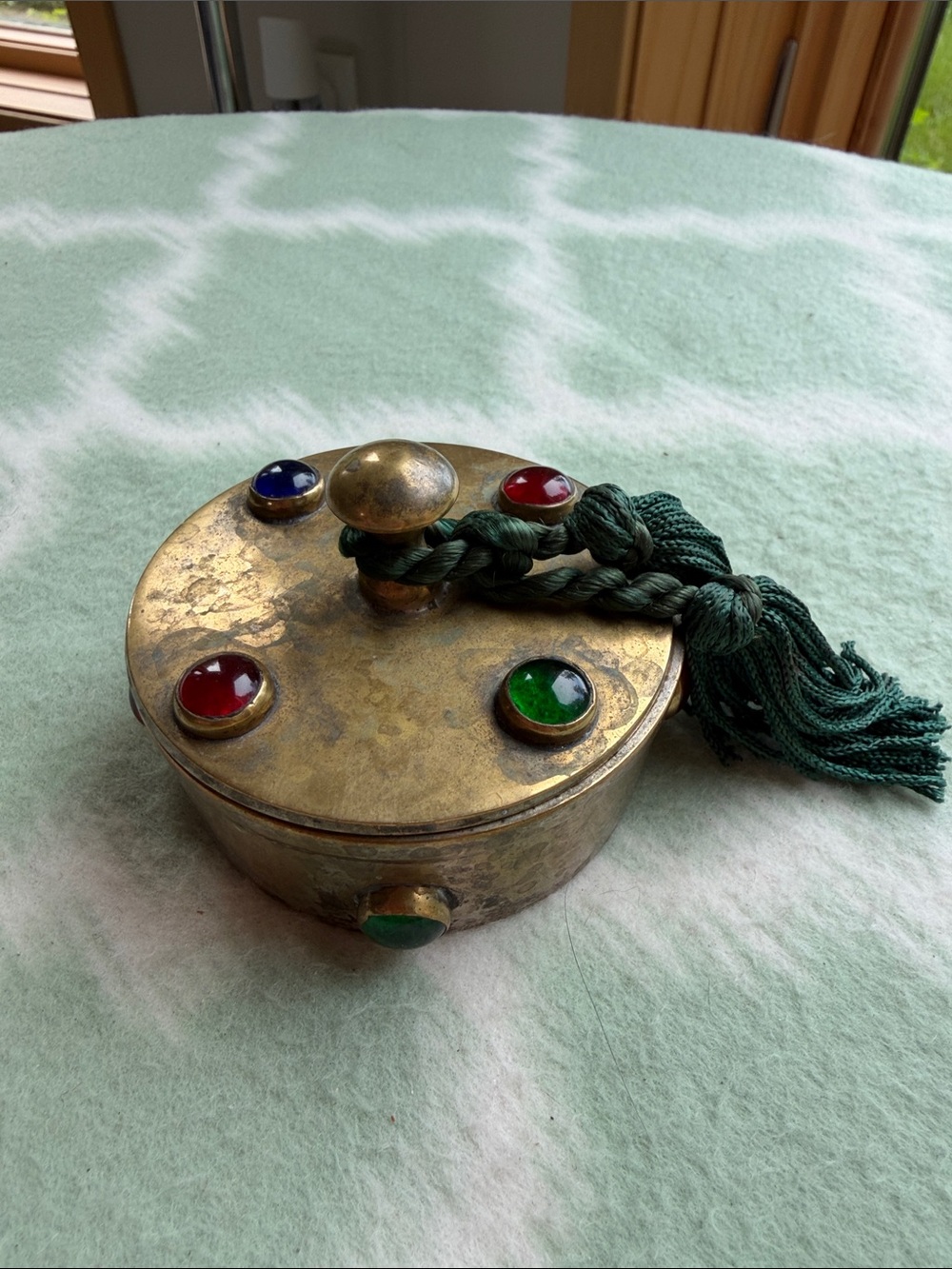Vintage Brass Decorative Trinket Box with Colored Cabochons - Light Gold